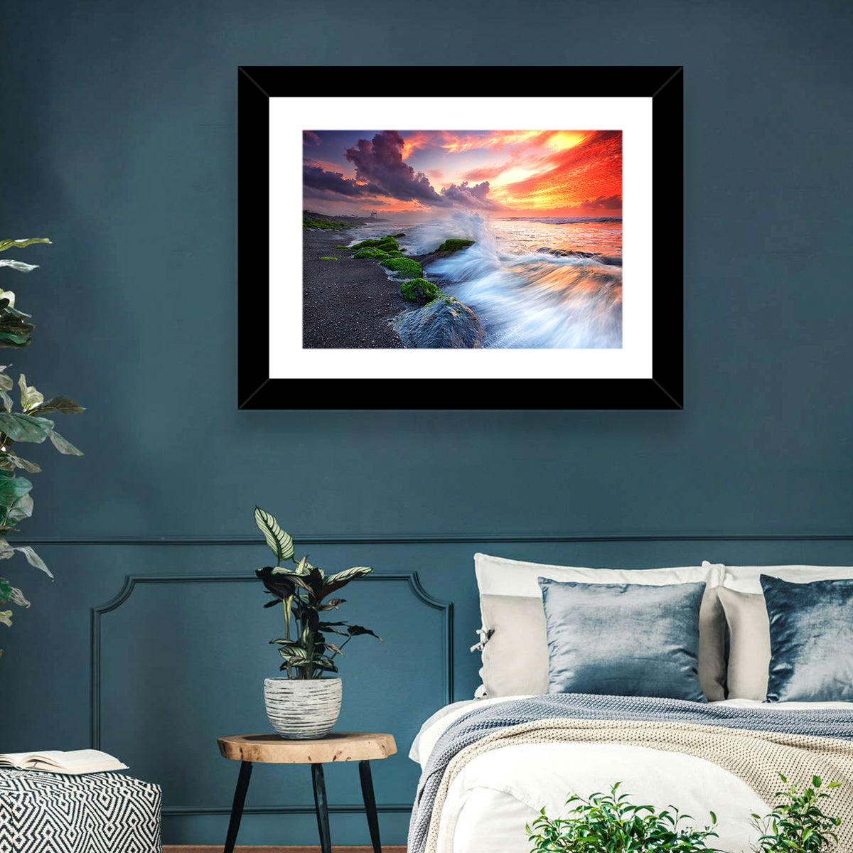 Ocean Waves Under Burning Sky Wall Art