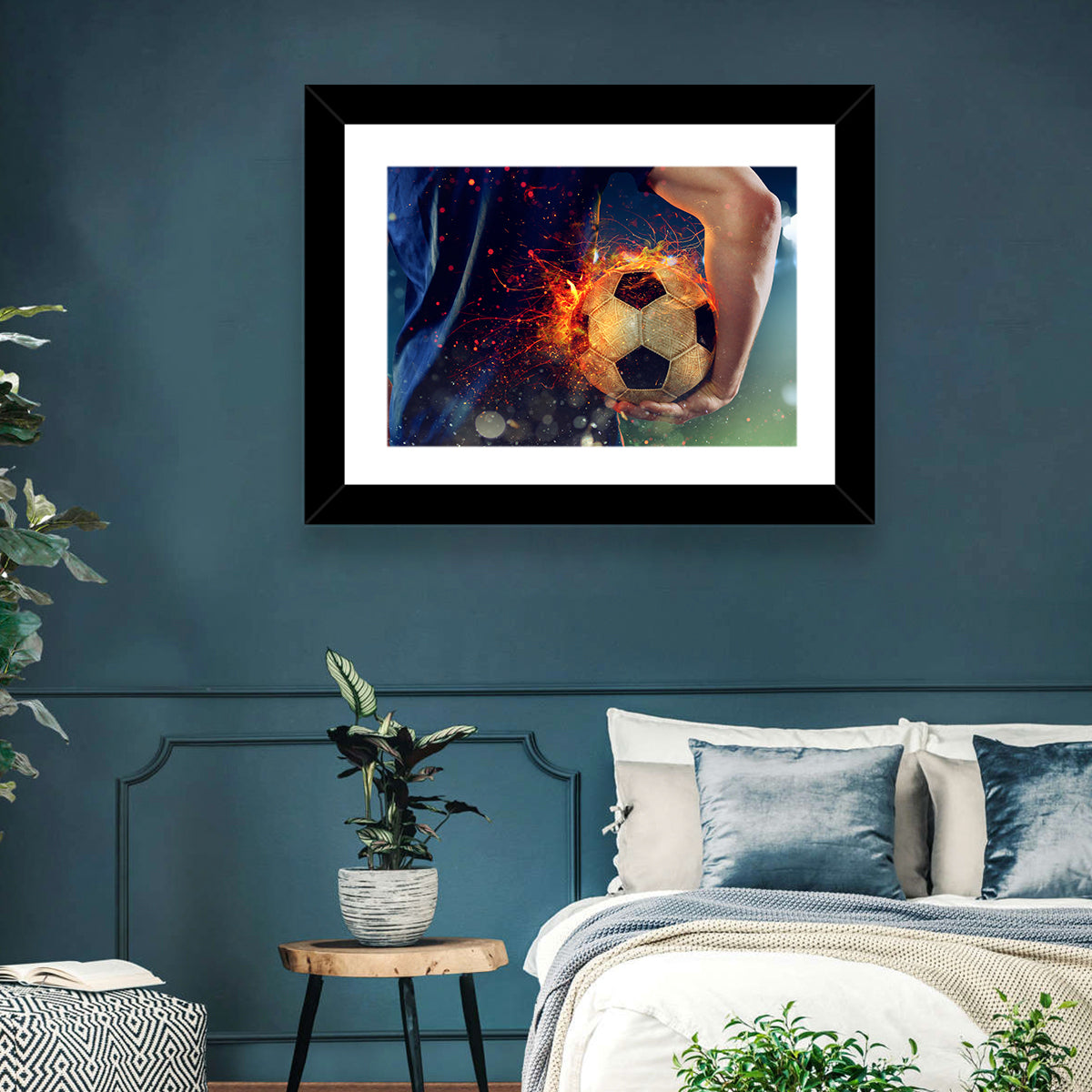 Fiery Soccer Ball and Blue Jersey Player Wall Art in a room, landscape