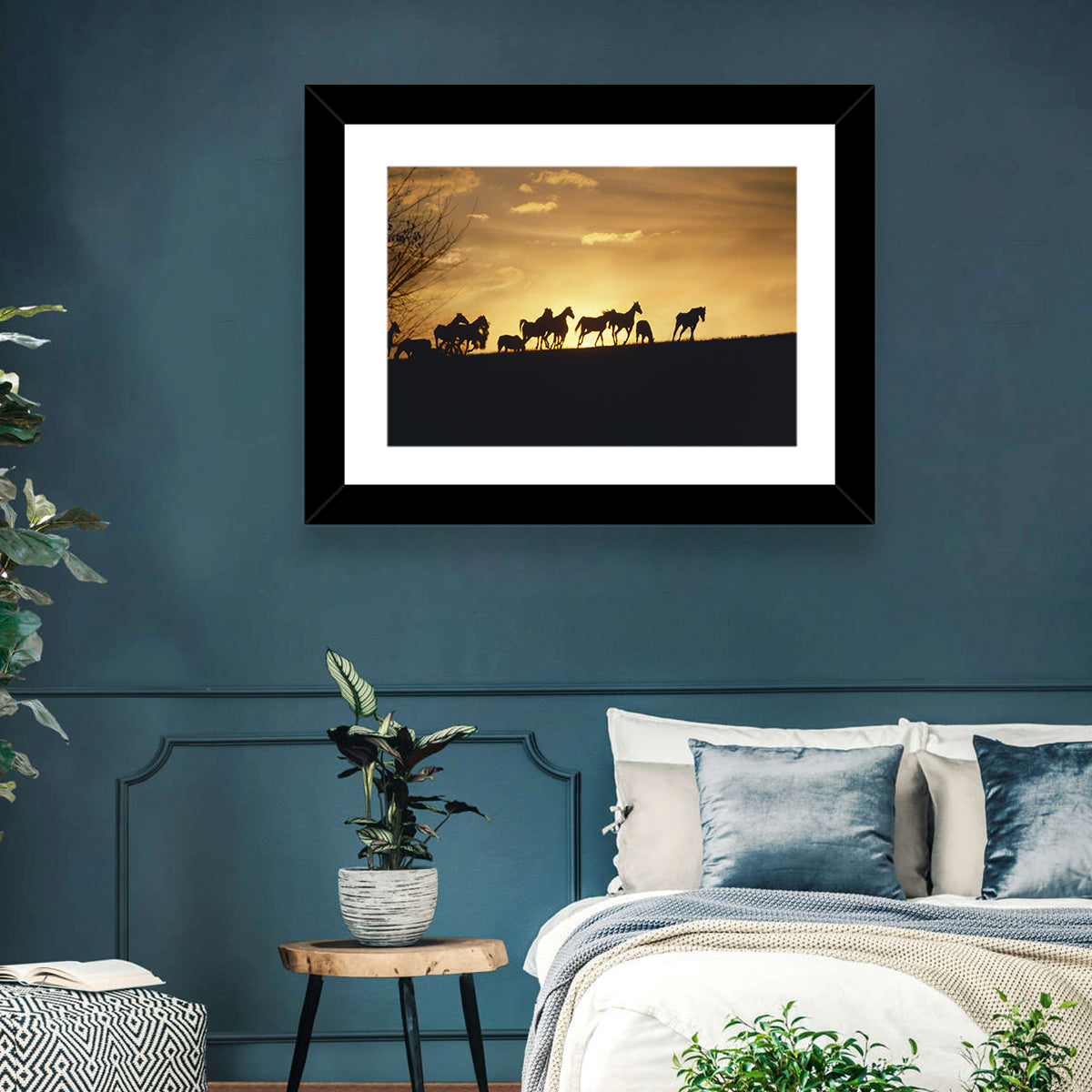 Mustang Silhouettes at Sunset Wall Art in a room, landscape