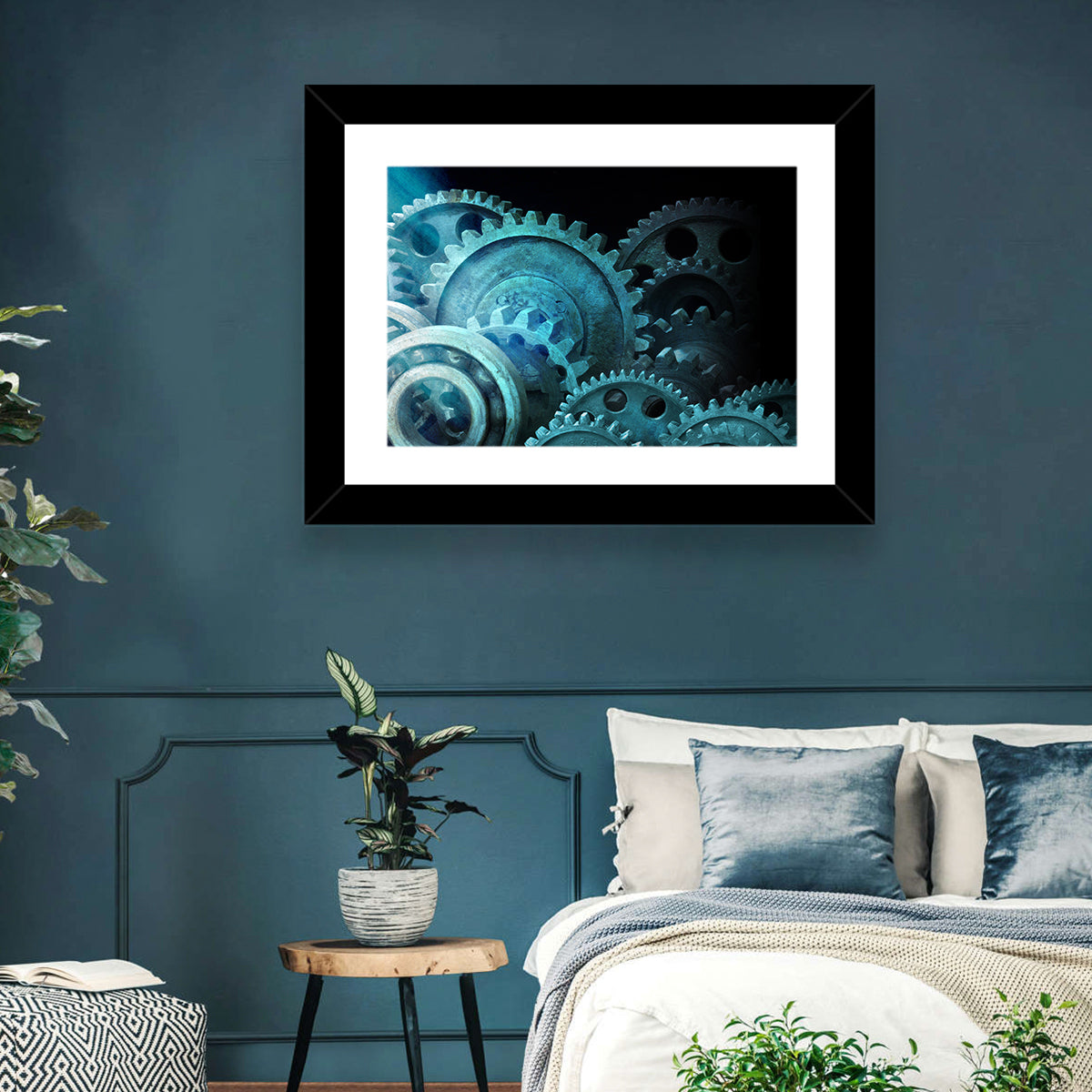 Teal and Steel Cogwheel Close-up Wall Art in a room, landscape