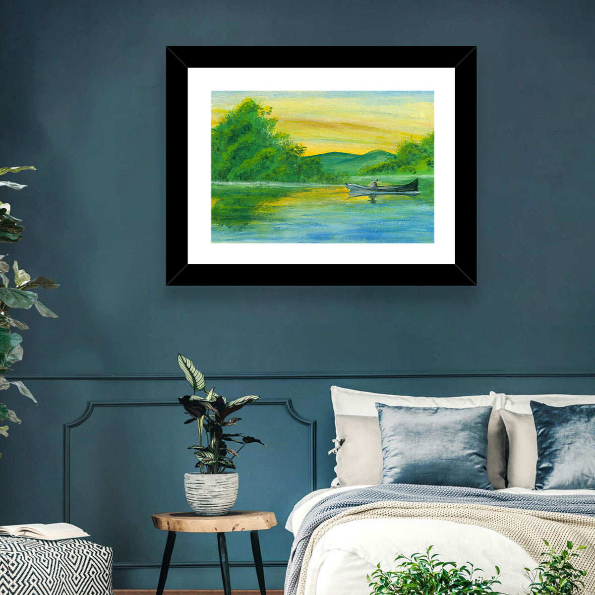 Rowboat on Serene Lake Watercolor Wall Art