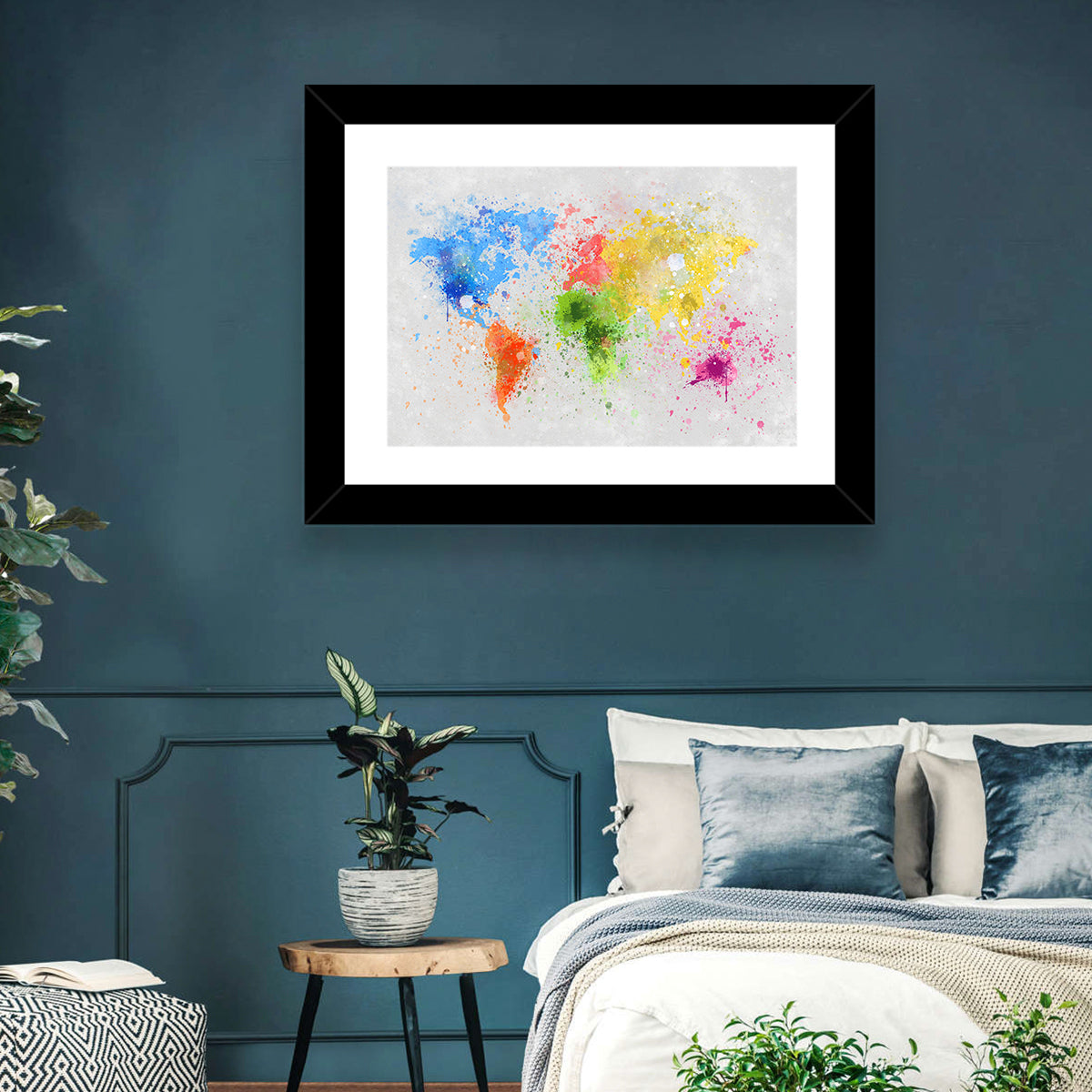 Vibrant Watercolor World Map Wall Art in a room, landscape