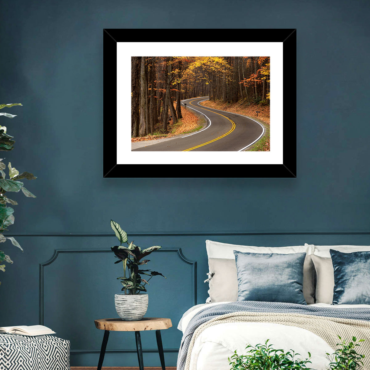 S-curve Road Through Autumn Forest Wall Art in a room, landscape