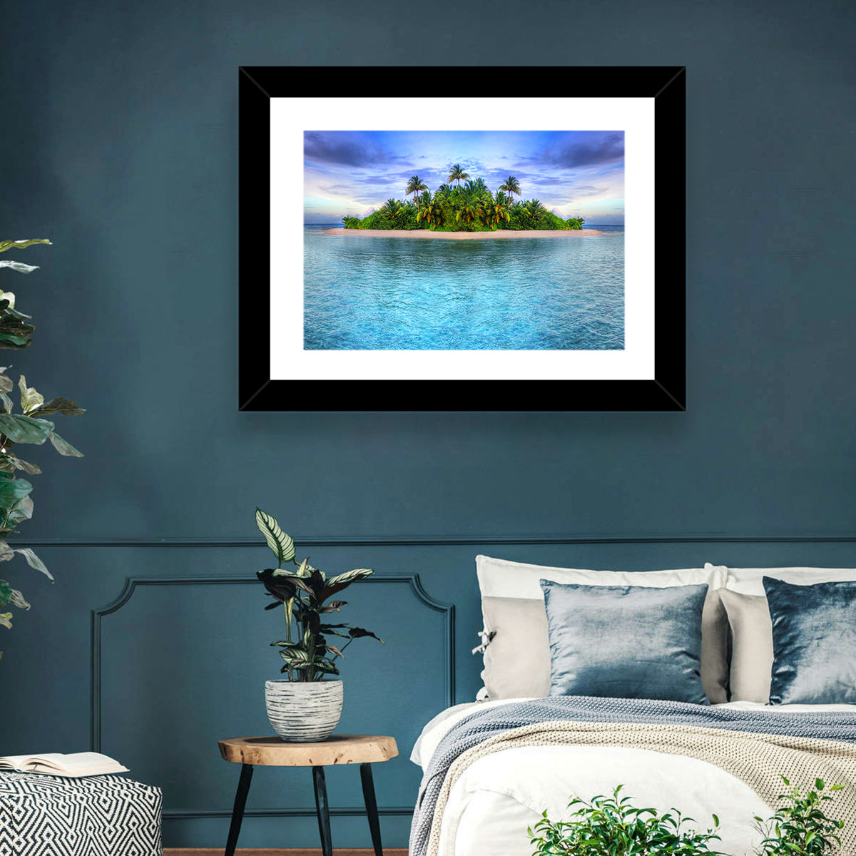 Mirrored Tropical Island Lagoon Wall Art in a room, landscape