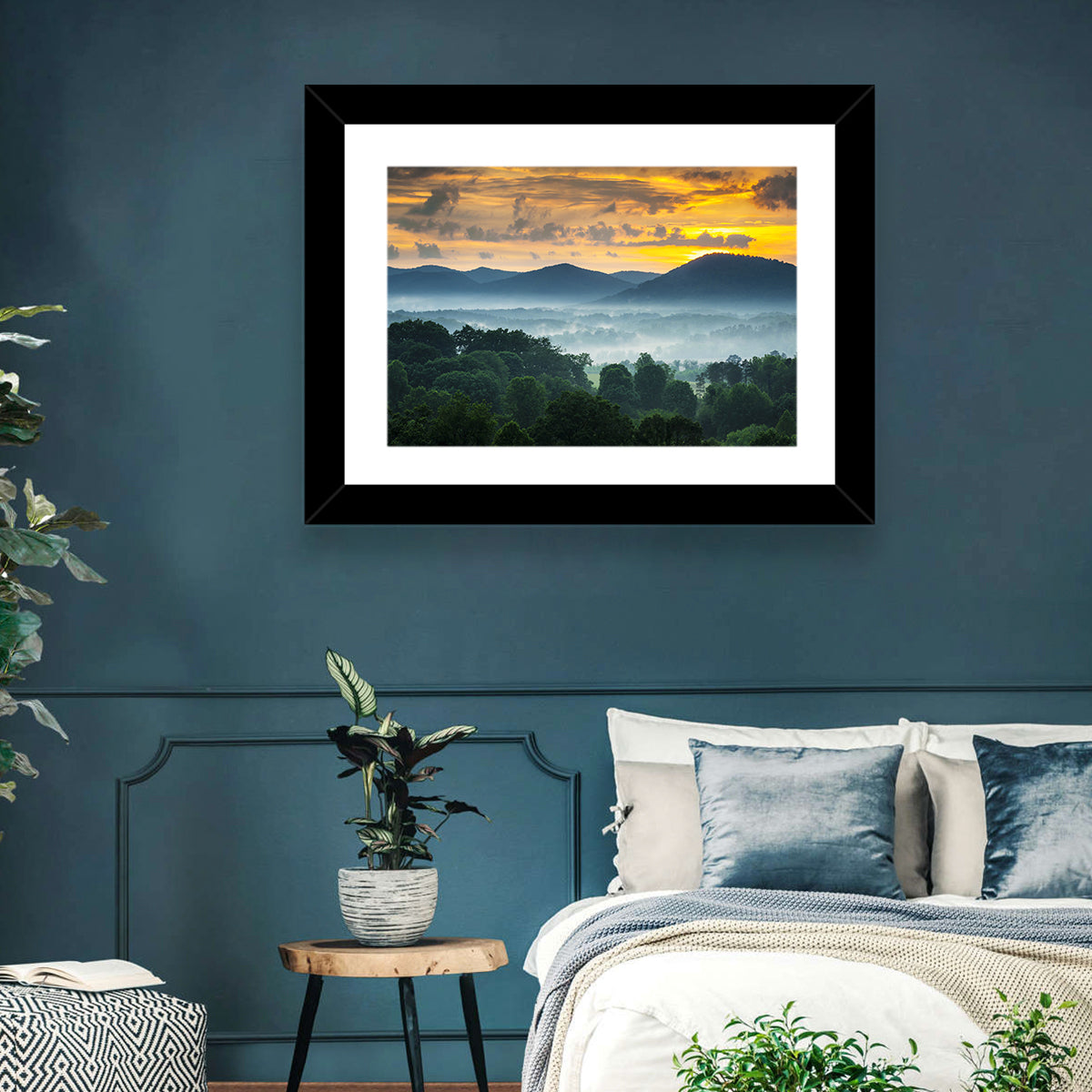 Blue Ridge Mountains Asheville Sunset Wall Art in a room, landscape