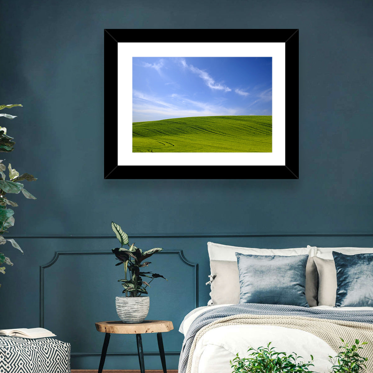 Rolling Green Hill with Blue Sky Wall Art in a room, landscape