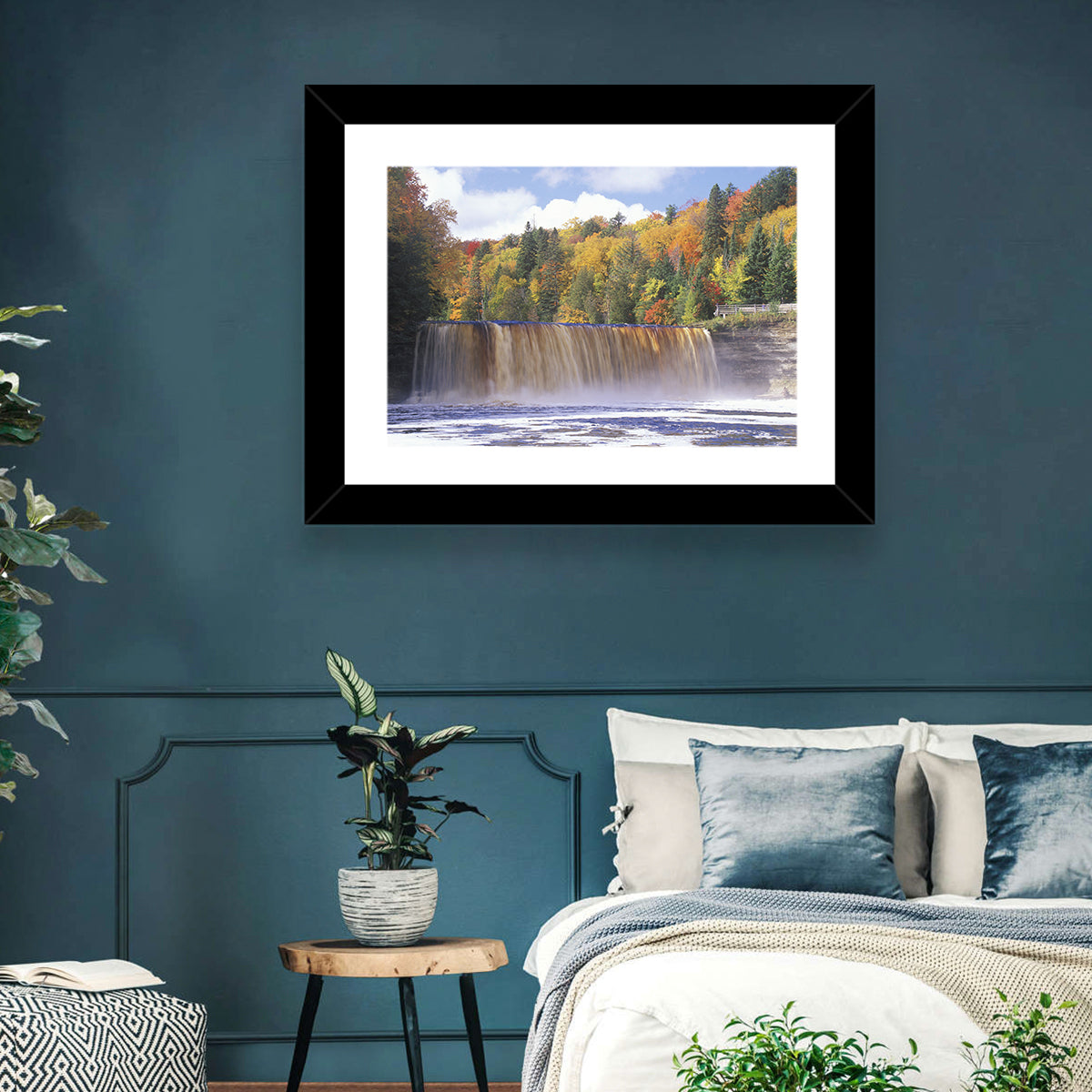 Tahquamenon Falls Autumn Waterfall Wall Art in a room, landscape
