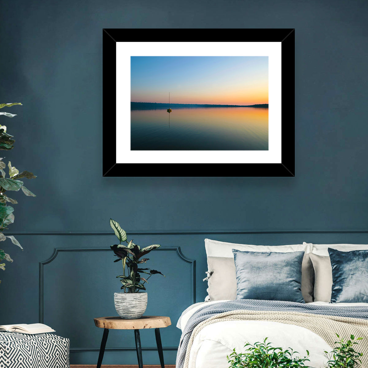 Cyprus Lake Sunset Boat Wall Art in a room, landscape