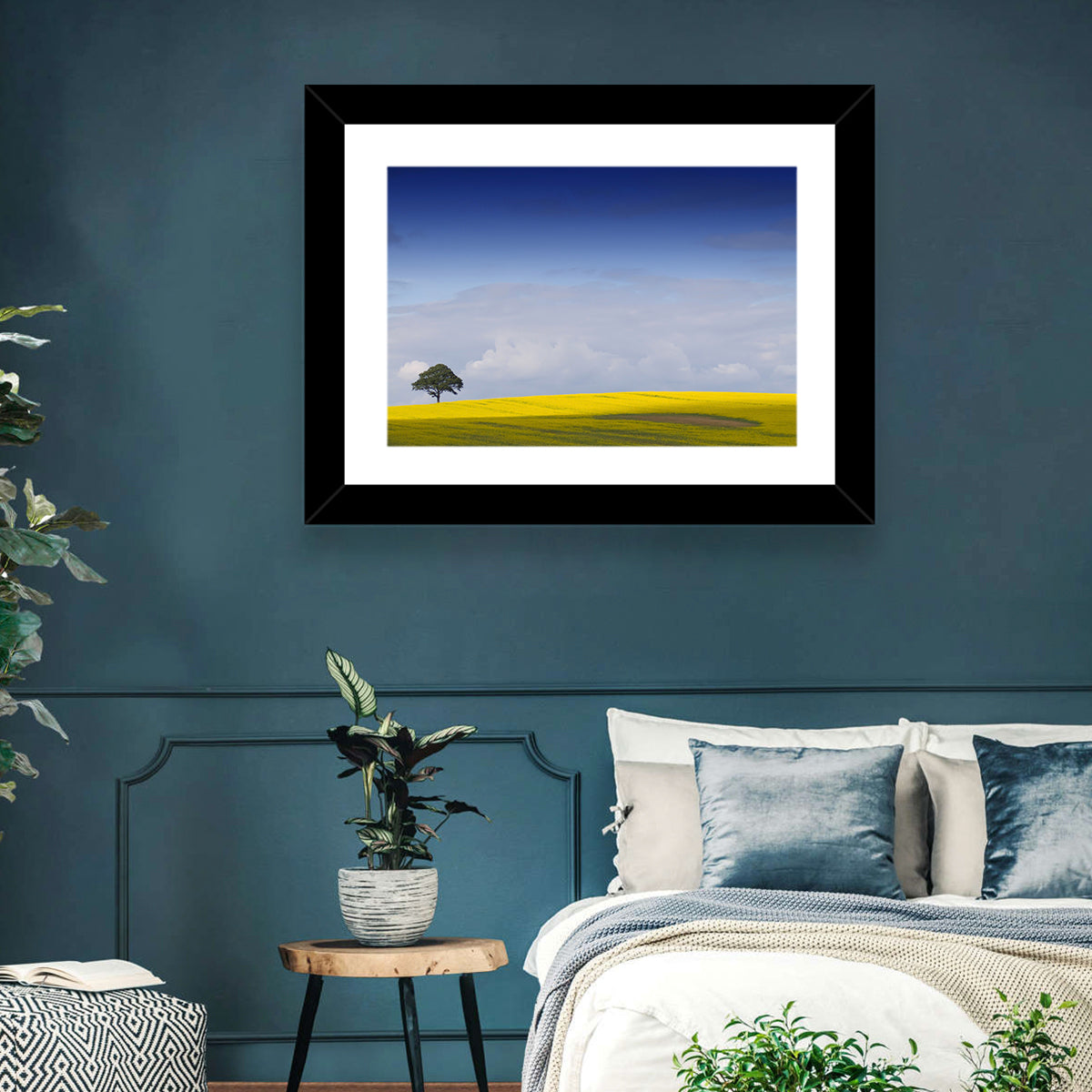 Solitary Tree Over Rapeseed Field Wall Art in a room, landscape