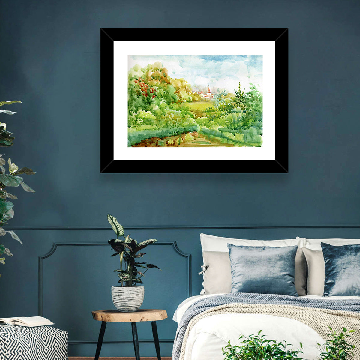 Red Steeple Village Watercolor Wall Art