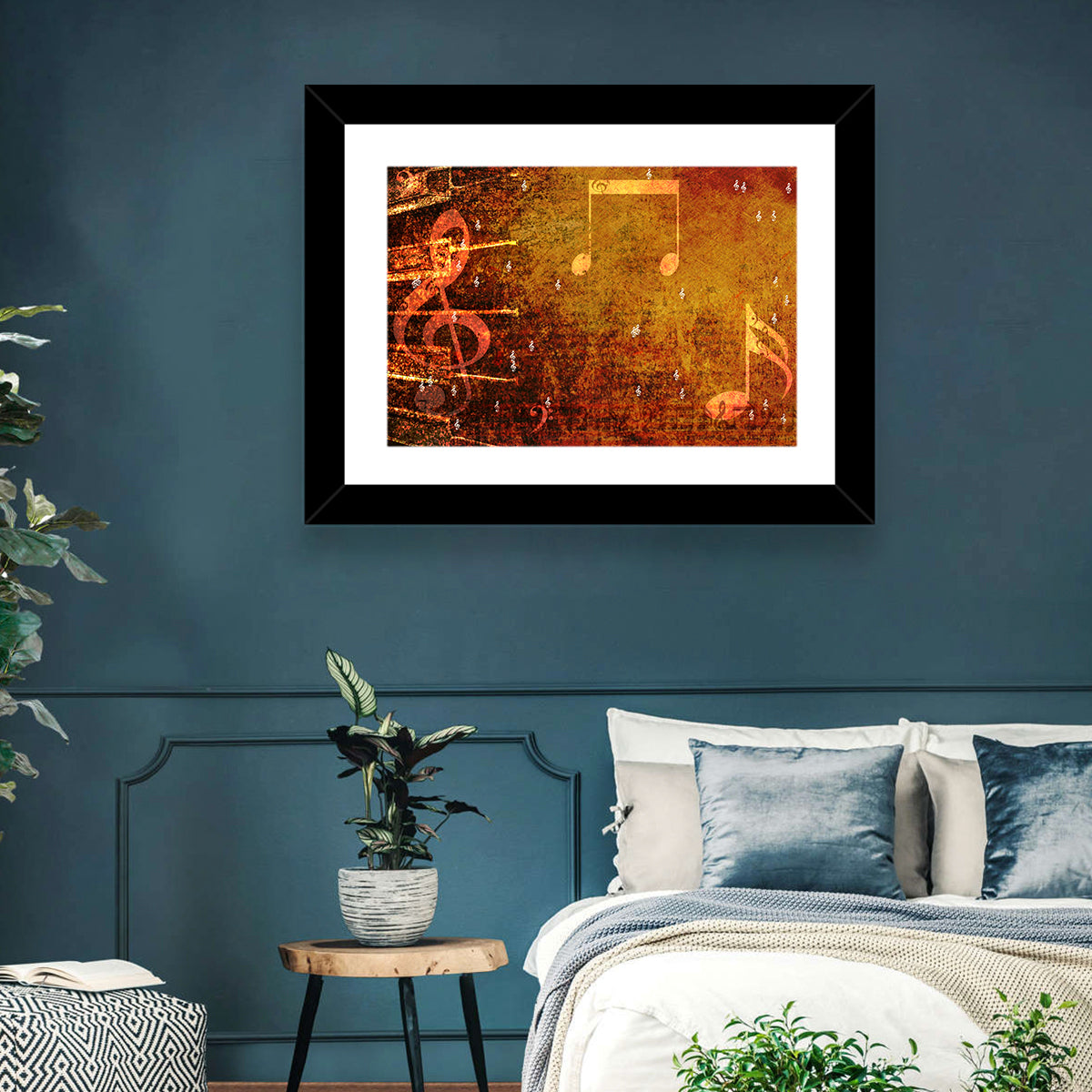 Grunge Sheet Music Collage Wall Art in a room, landscape