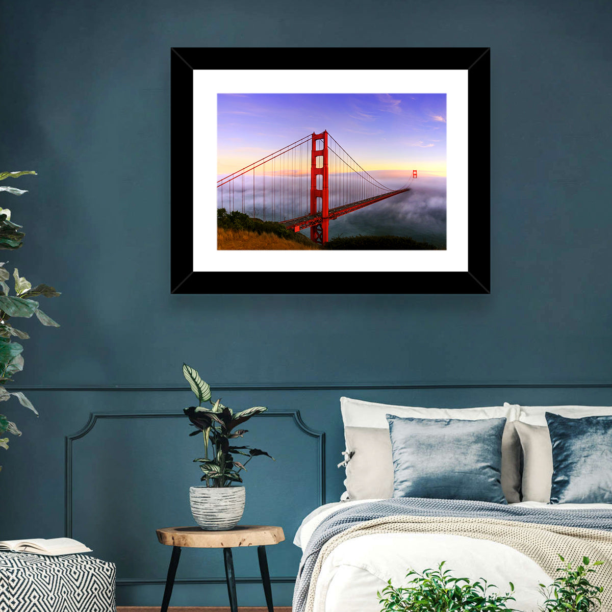 Foggy Golden Gate Bridge Wall Art in a room, landscape