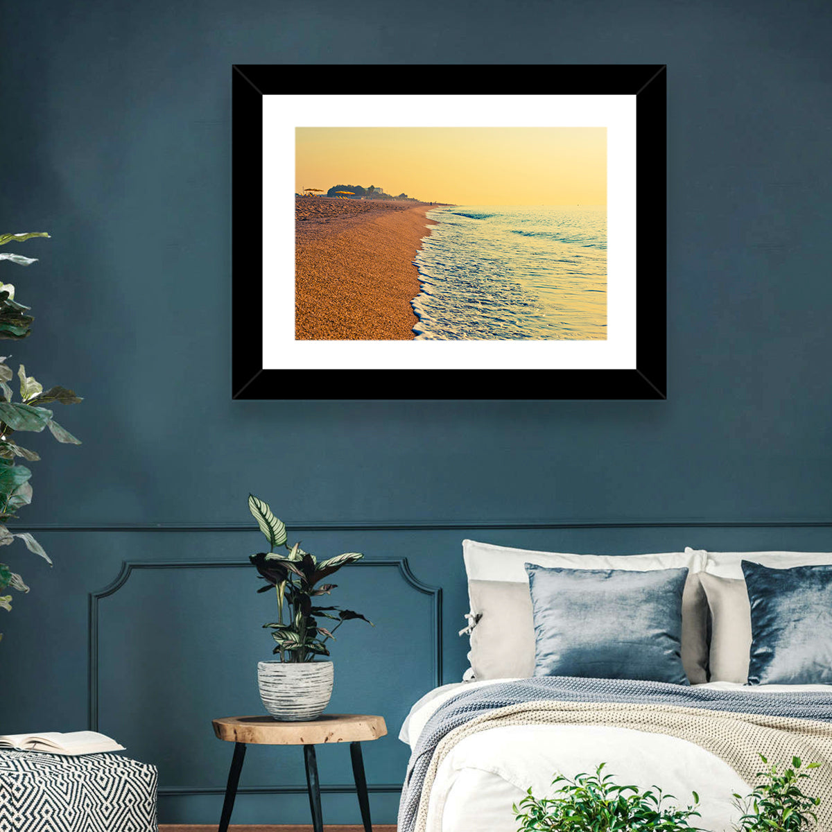 Tranquil Beach Sunrise Wall Art in a room, landscape