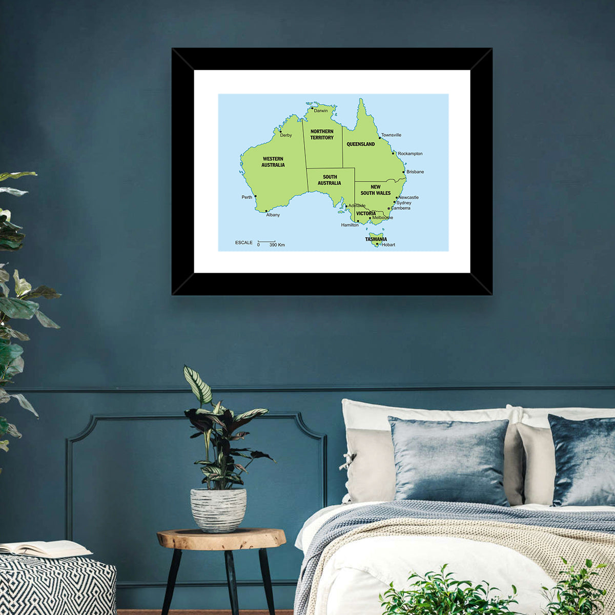 Minimalist Australia Map with State Labels Wall Art in a room, landscape