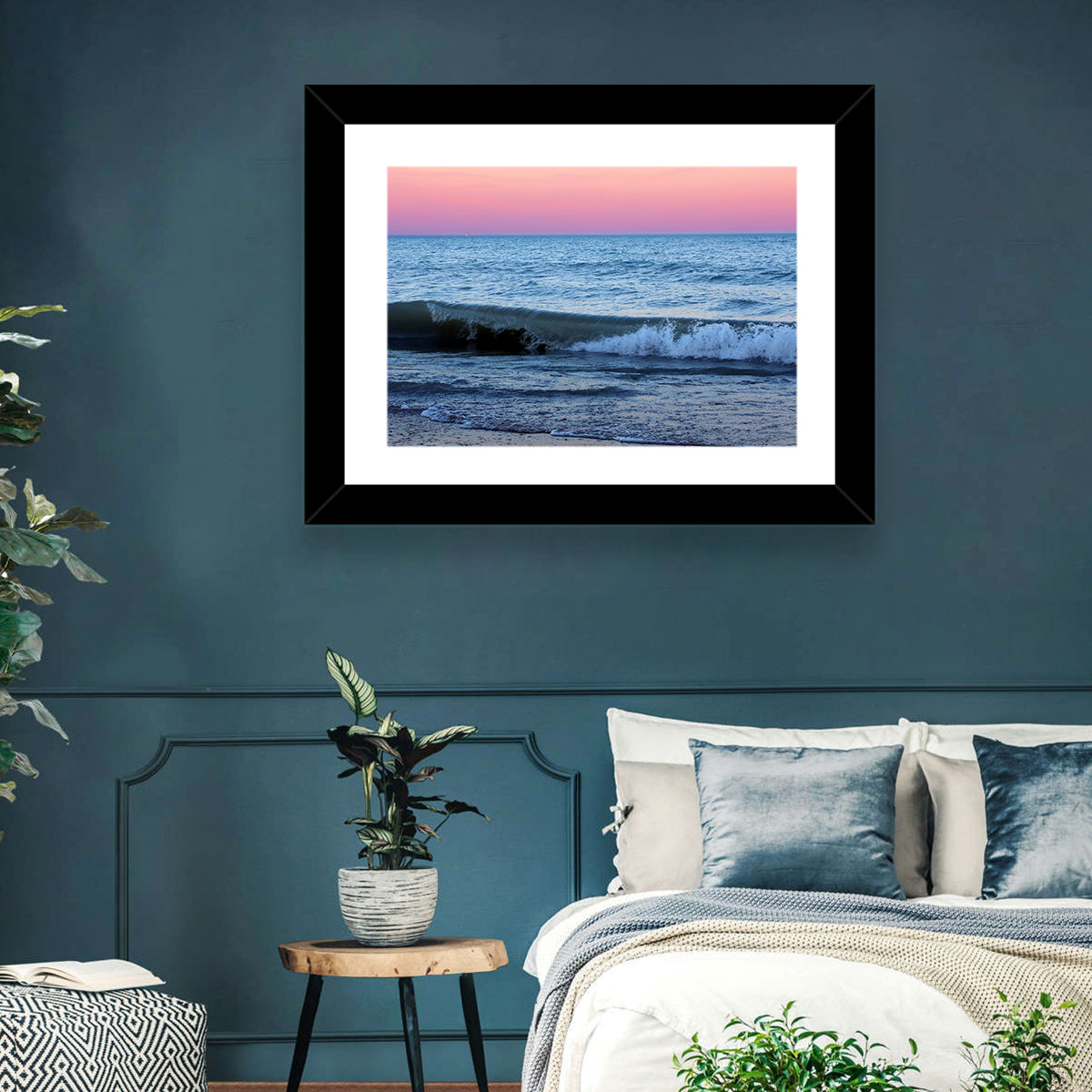 Lake Michigan Sunset with Sailboat Wall Art in a room, landscape