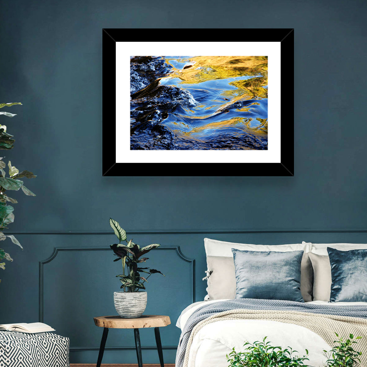 Flowing Stream with Golden Reflections Wall Art in a room, landscape