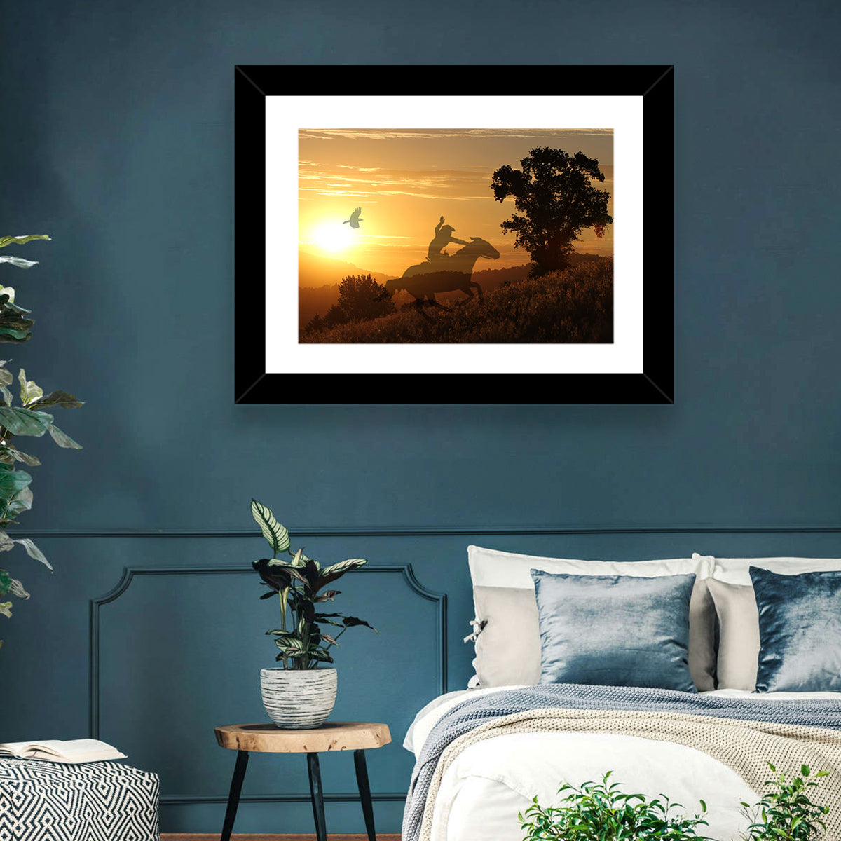 Cowboy Silhouette at Golden Sunset Wall Art in a room, landscape