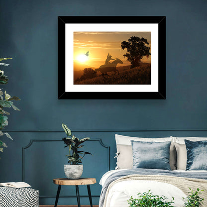 Cowboy Silhouette at Golden Sunset Wall Art