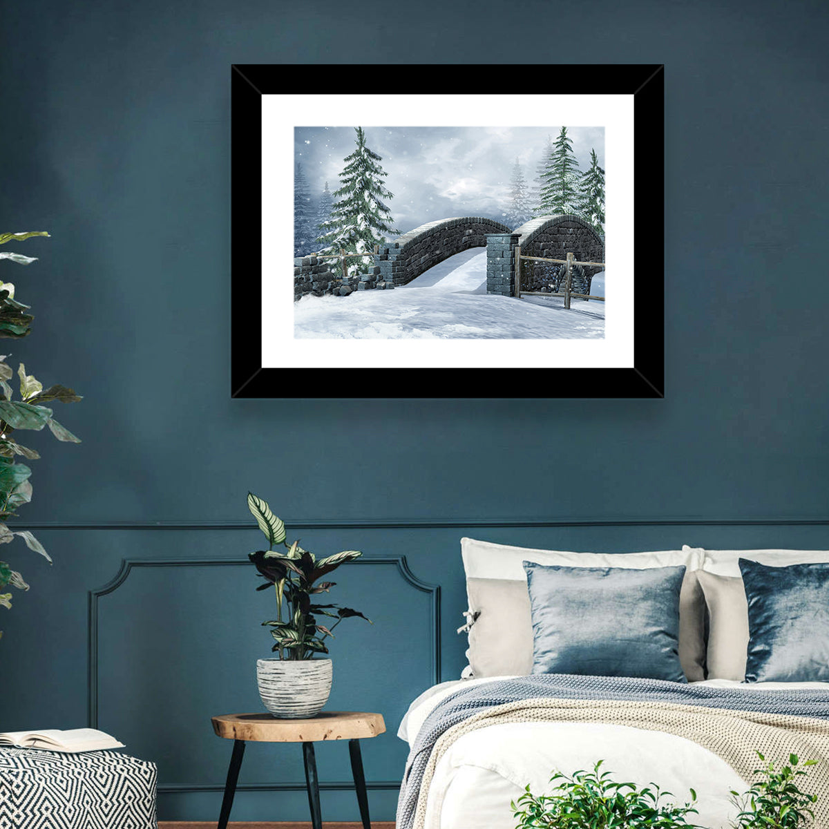 Snowy Stone Bridge in Winter Forest Wall Art