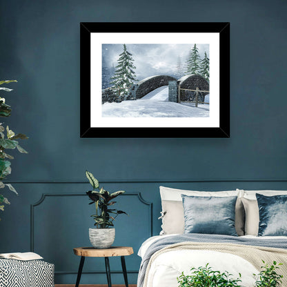 Snowy Stone Bridge in Winter Forest Wall Art
