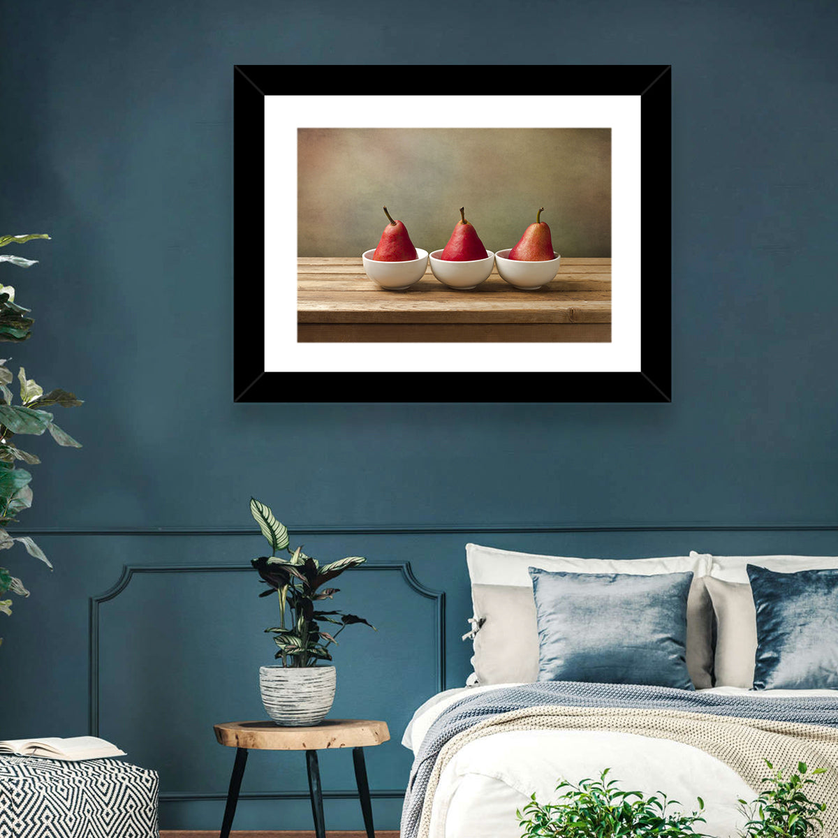 Three Red Pears in Bowls Wall Art in a room, landscape