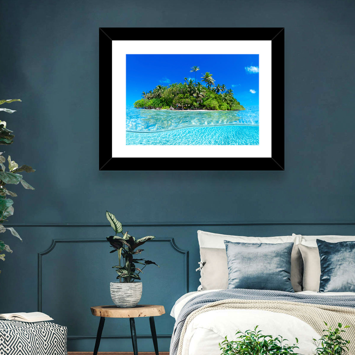 Tropical Island Lagoon Split-level Seascape Wall Art in a room, landscape