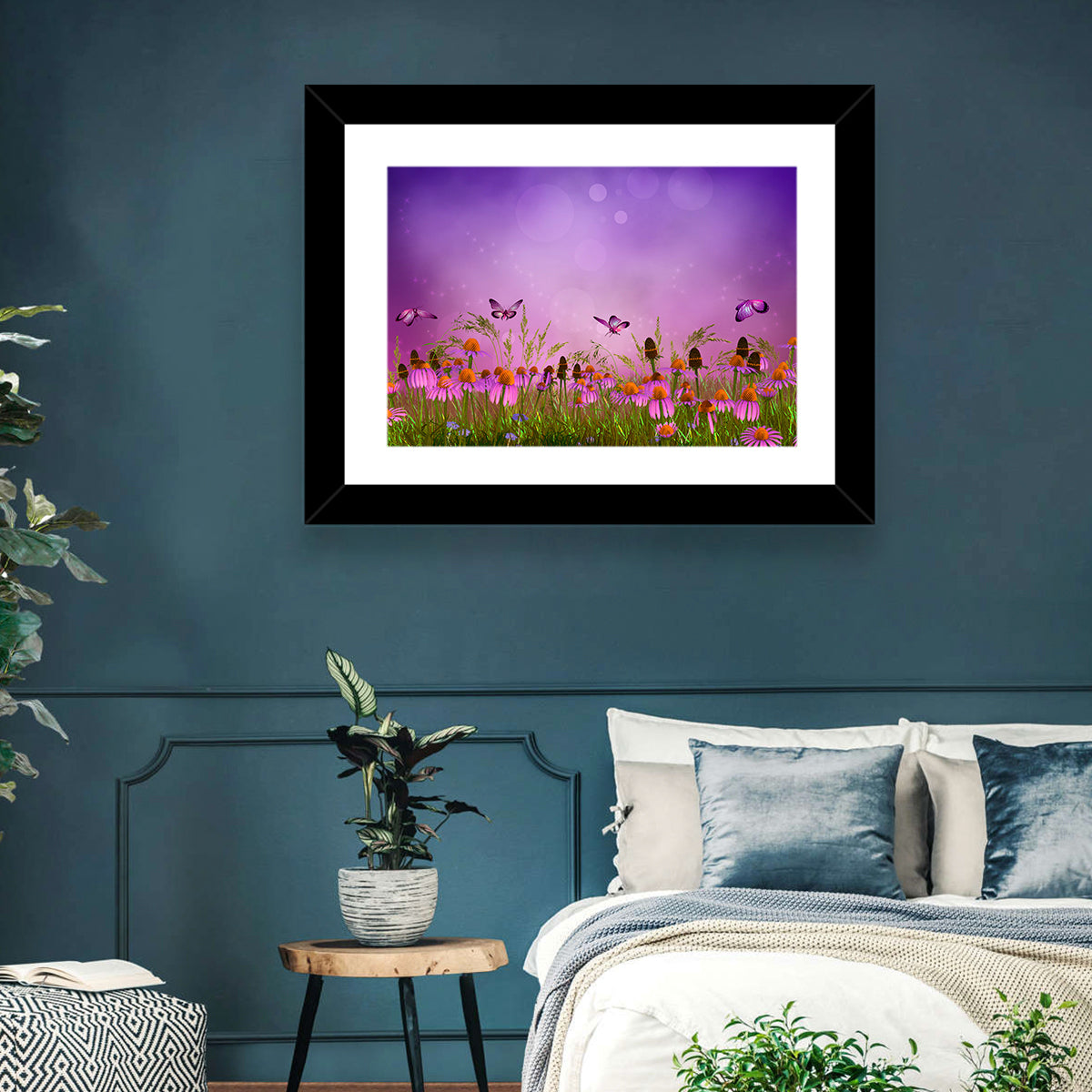 Purple Coneflower Butterfly Meadow Wall Art in a room, landscape