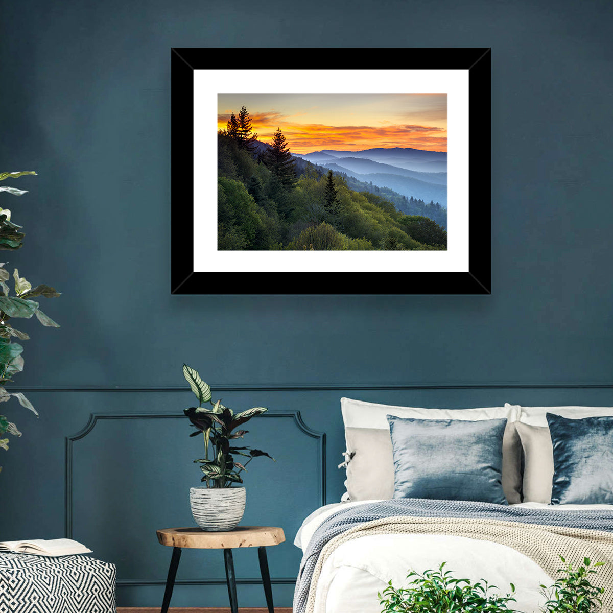 Great Smoky Mountains Sunset Wall Art in a room, landscape