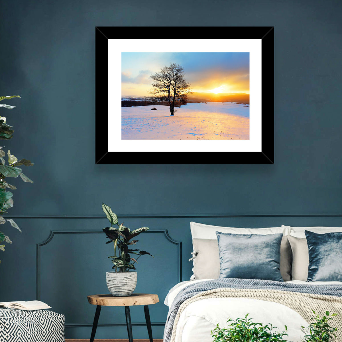 Snowy Winter Sunrise Wall Art in a room, landscape