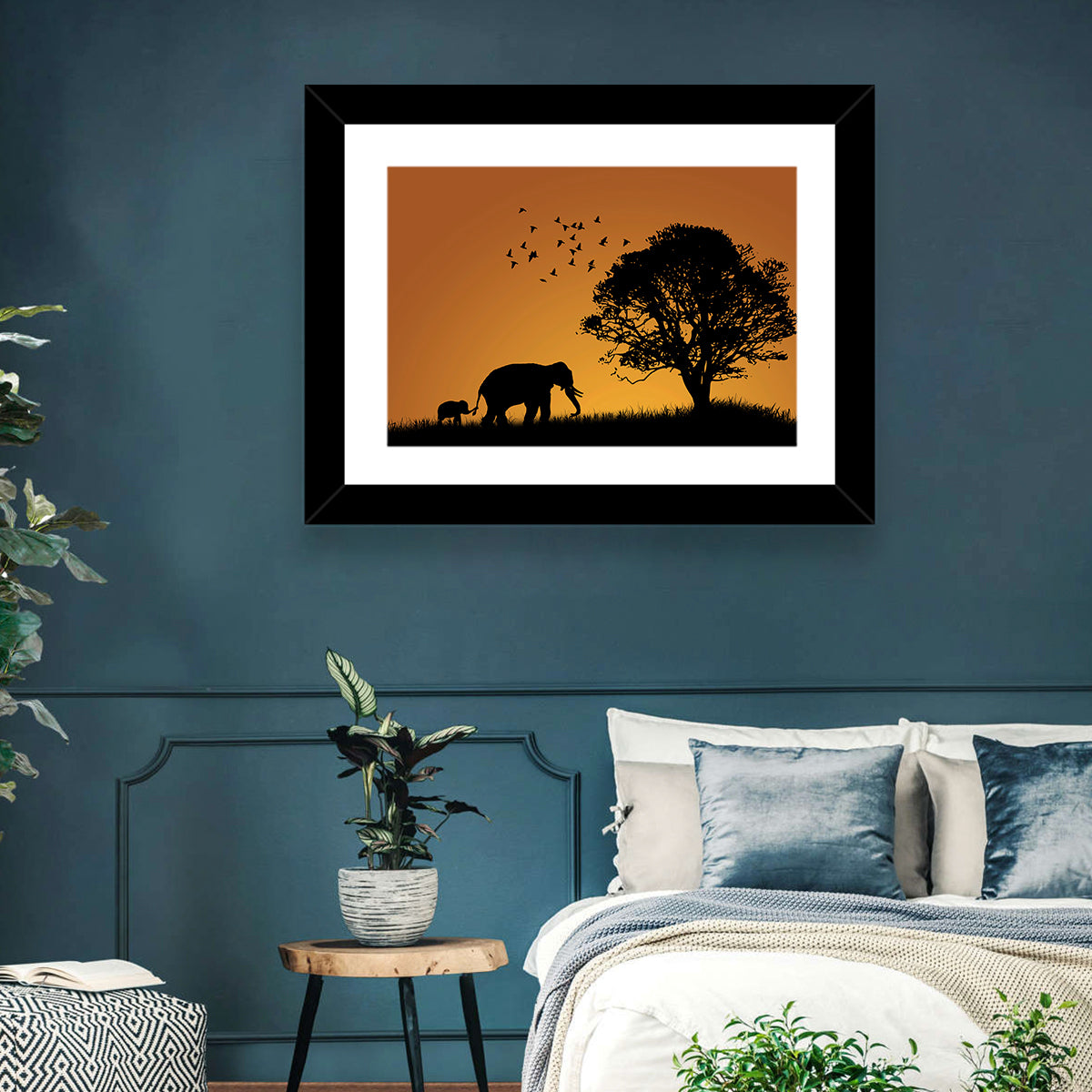 Elephant Family at Golden Sunset Wall Art in a room, landscape