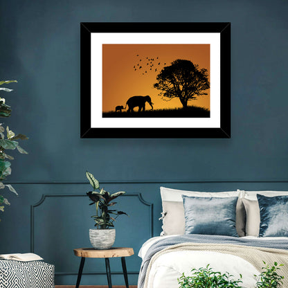 Elephant Family at Golden Sunset Wall Art