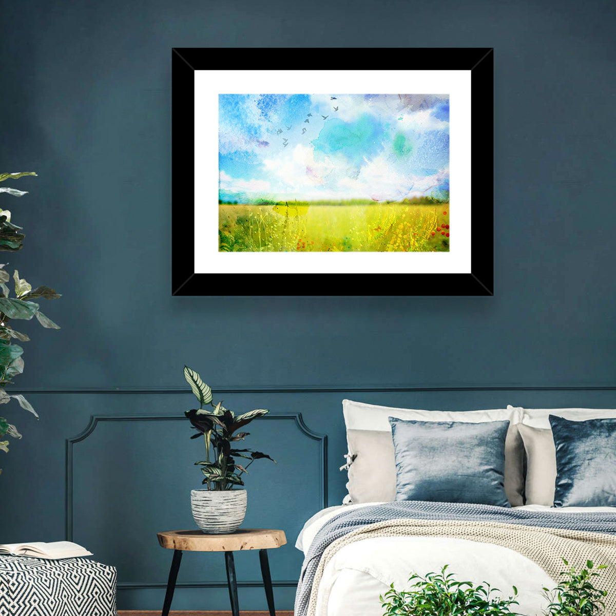 Watercolor Wildflower Field Wall Art in a room, landscape