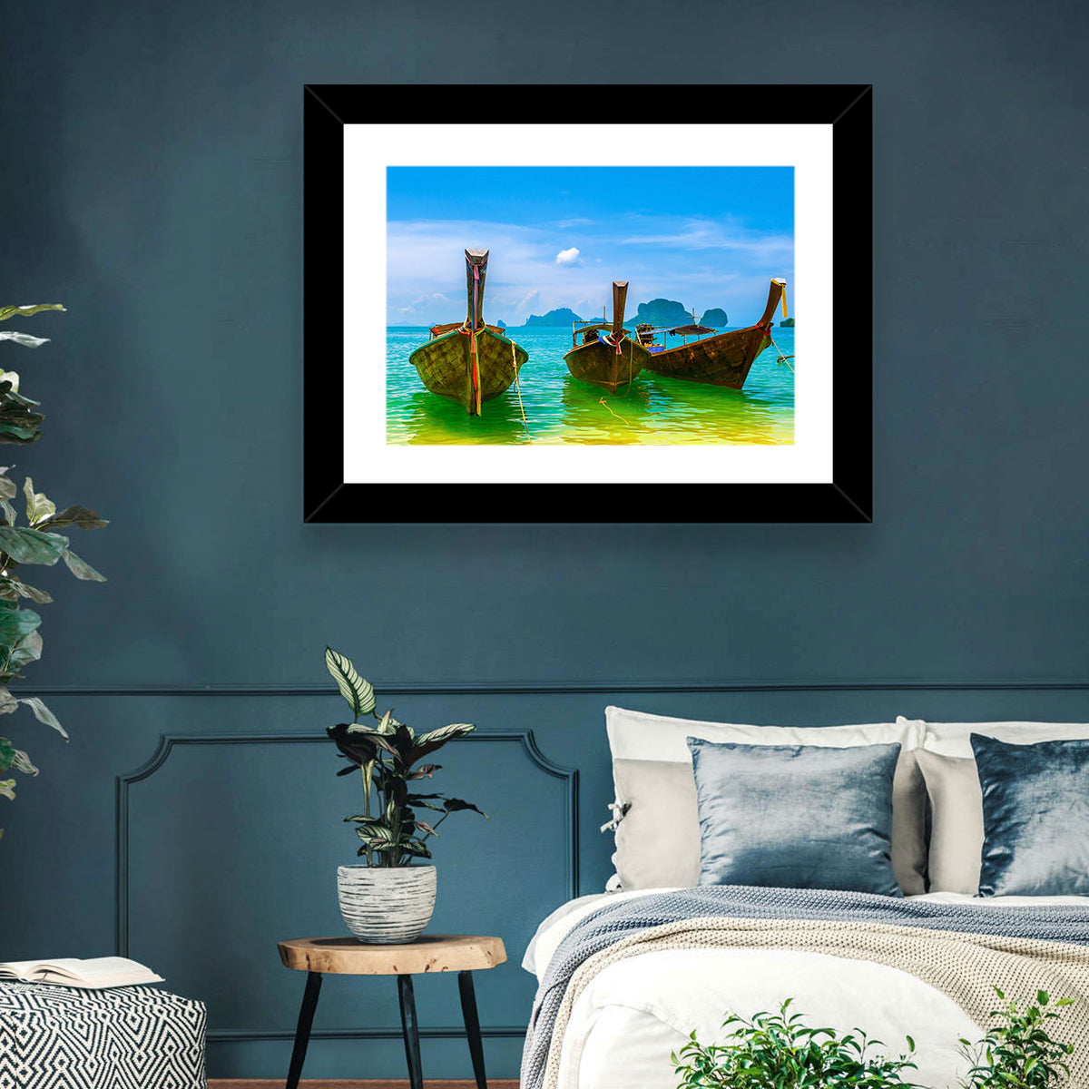 Three Long-tail Boats on Turquoise Water Wall Art in a room, landscape