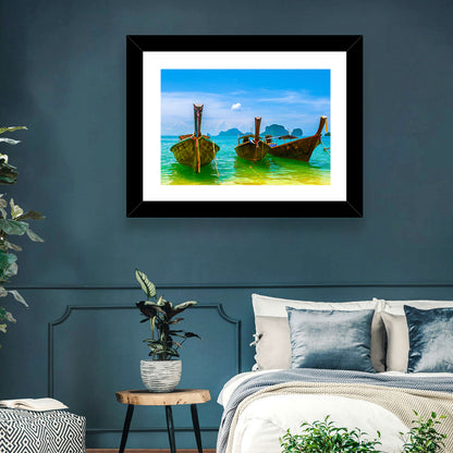 Three Long-tail Boats on Turquoise Water Wall Art