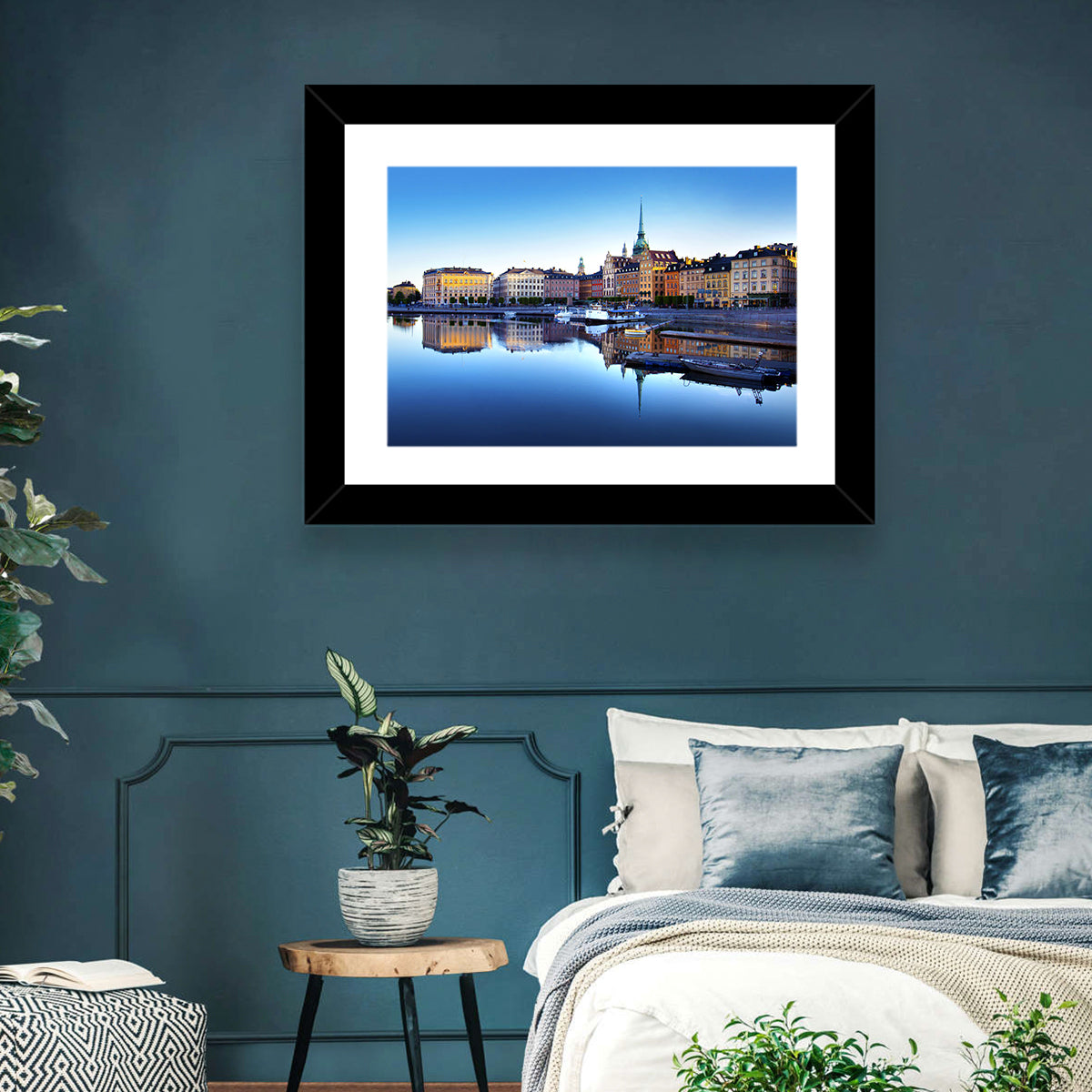 Gamla Stan Stockholm Skyline Wall Art in a room, landscape