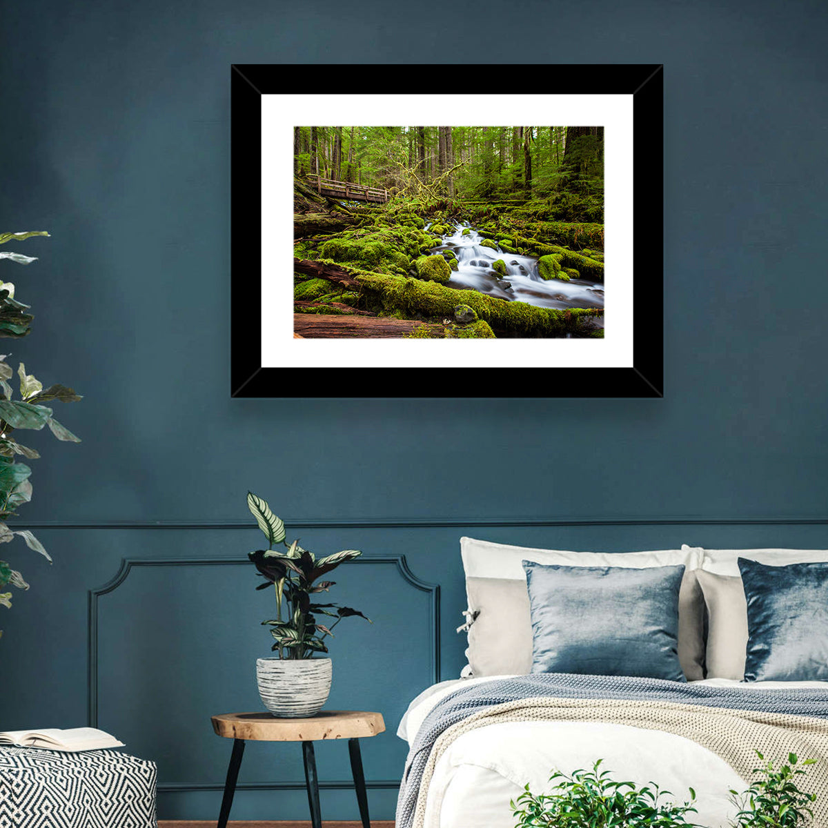 Mossy Cascade Forest Stream Wall Art in a room, landscape