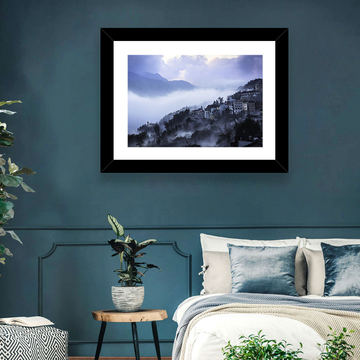 Misty Hillside Town Wall Art in a room, landscape