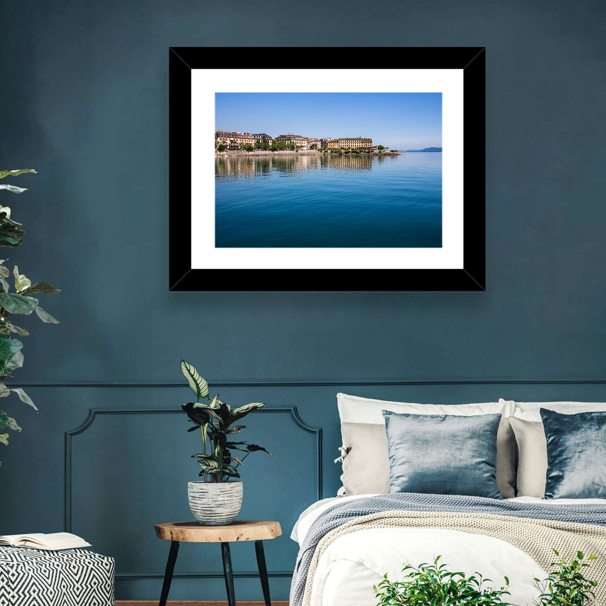 Tranquil Lake Neuchatel Wall Art in a room, landscape