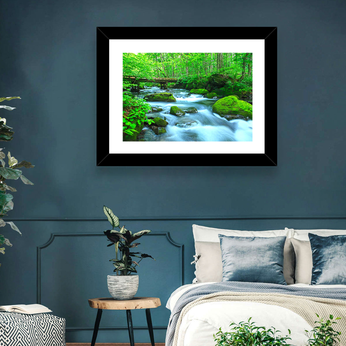 Mossy Forest Stream Wall Art in a room, landscape