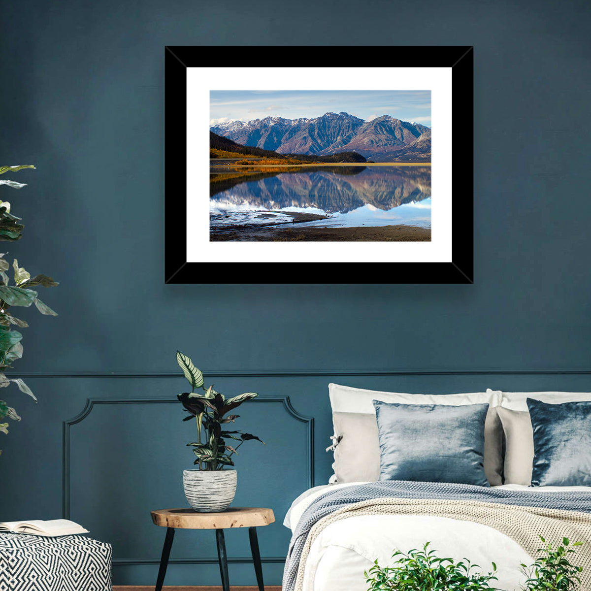 Kluane Lake Autumn Reflection Wall Art in a room, landscape