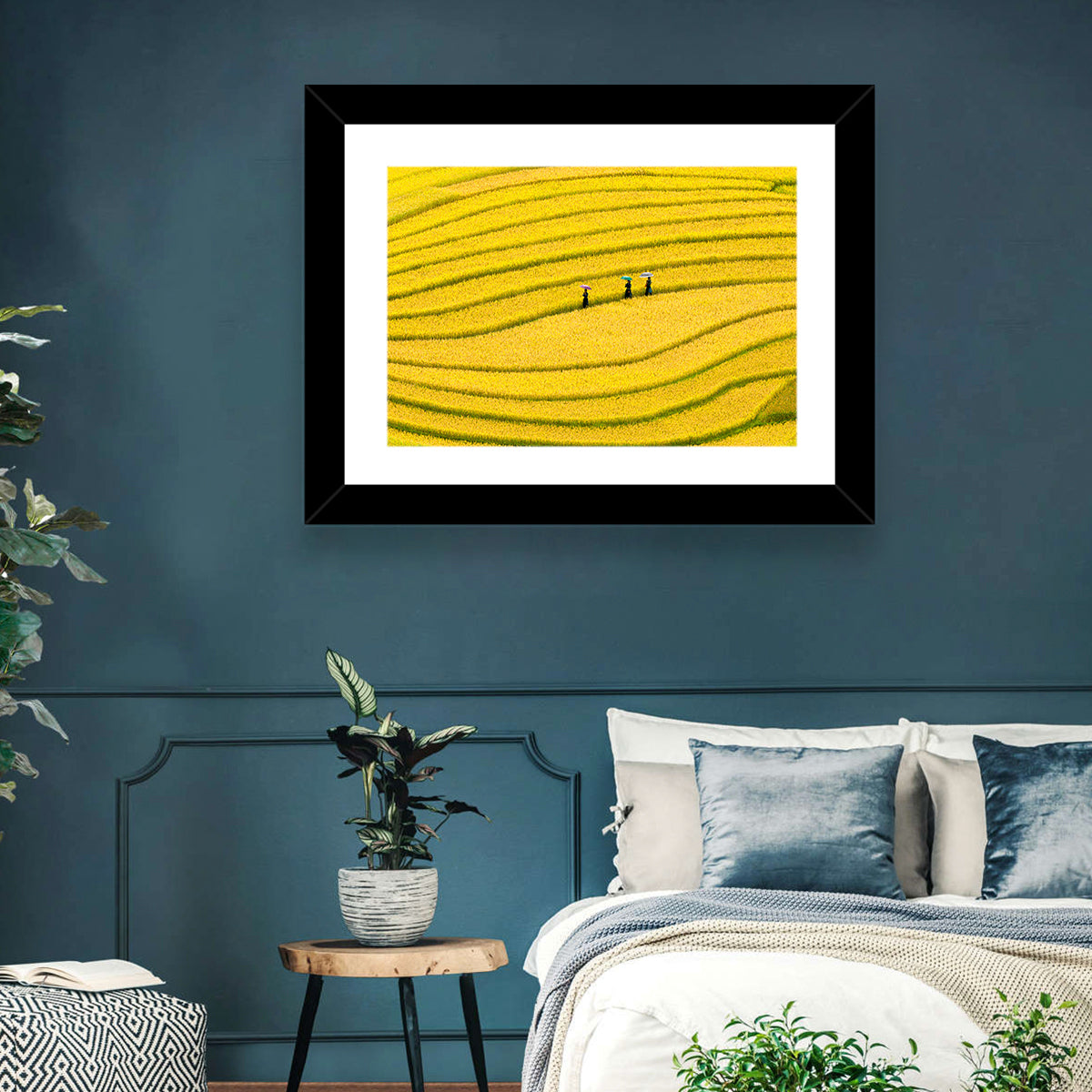 Golden Rice Terraces with Umbrellas Wall Art in a room, landscape