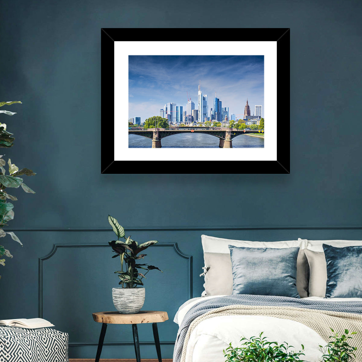 Frankfurt Skyline with Eiserner Steg Wall Art in a room, landscape