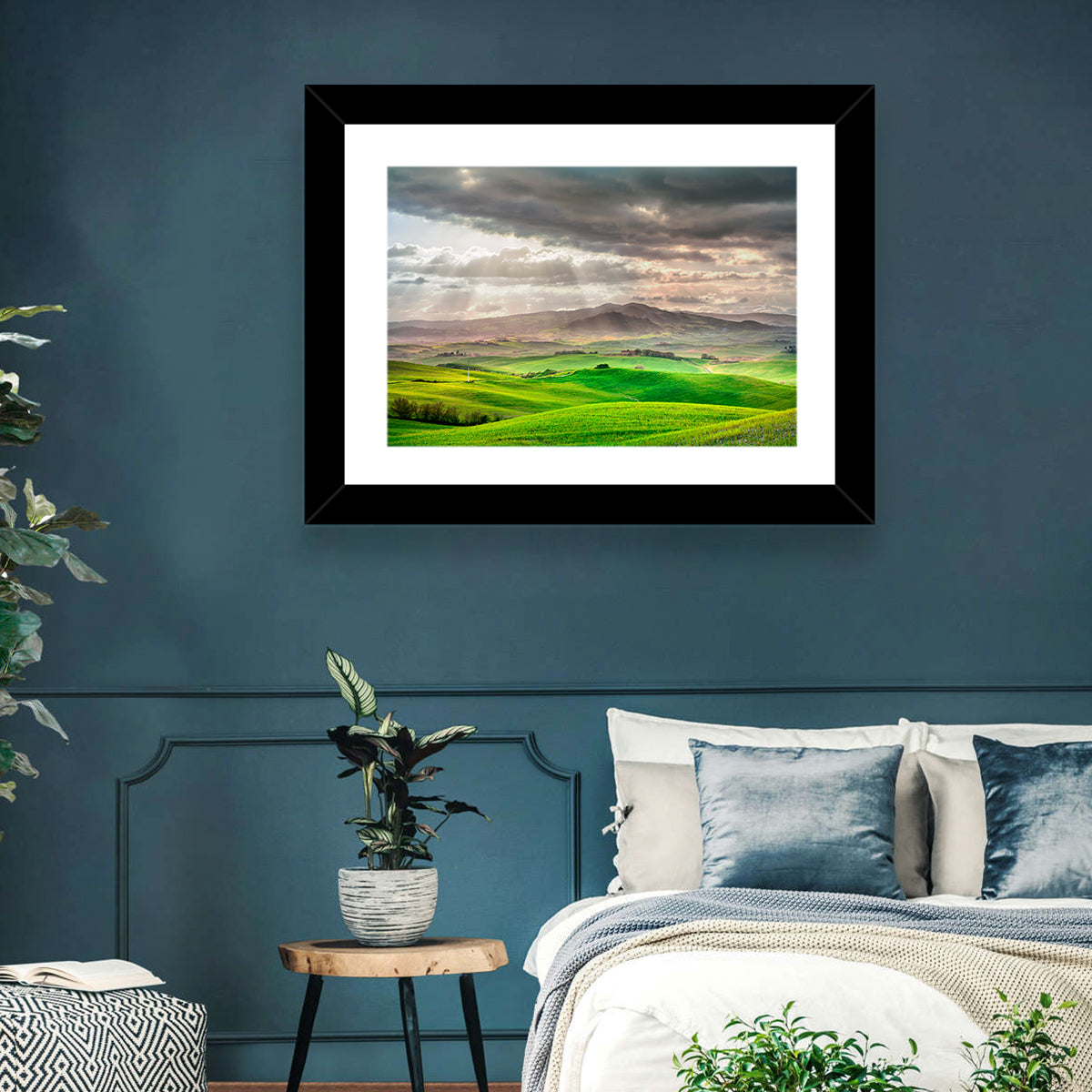 Tuscan Sunlit Hills Wall Art in a room, landscape