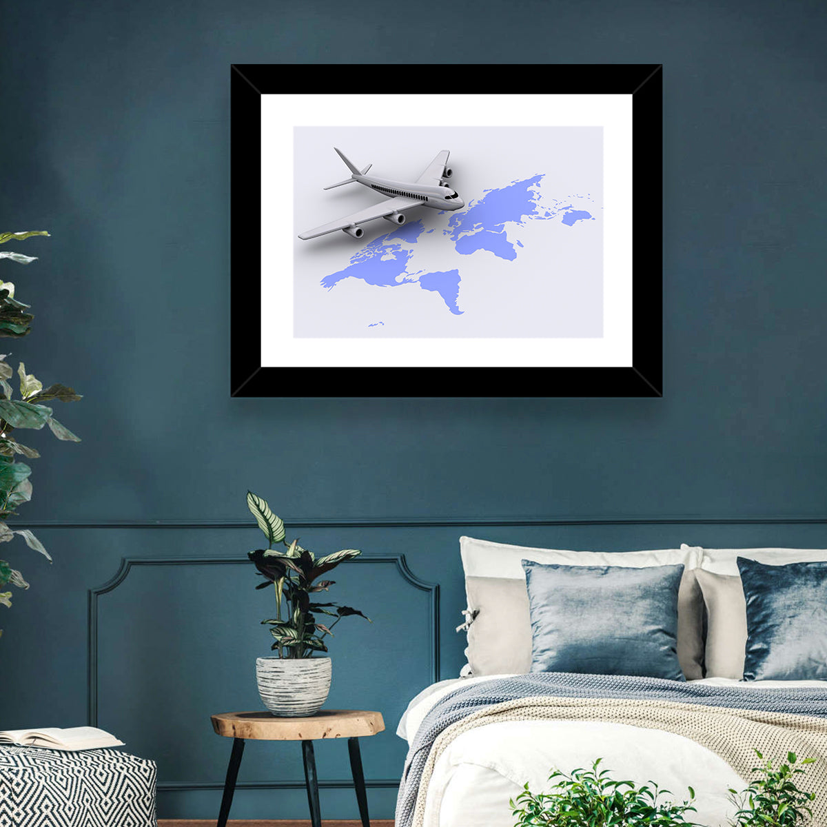 Airplane Over World Map Wall Art in a room, landscape
