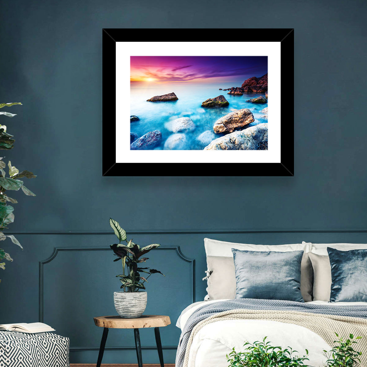 Rocky Beach Sunset Wall Art in a room, landscape