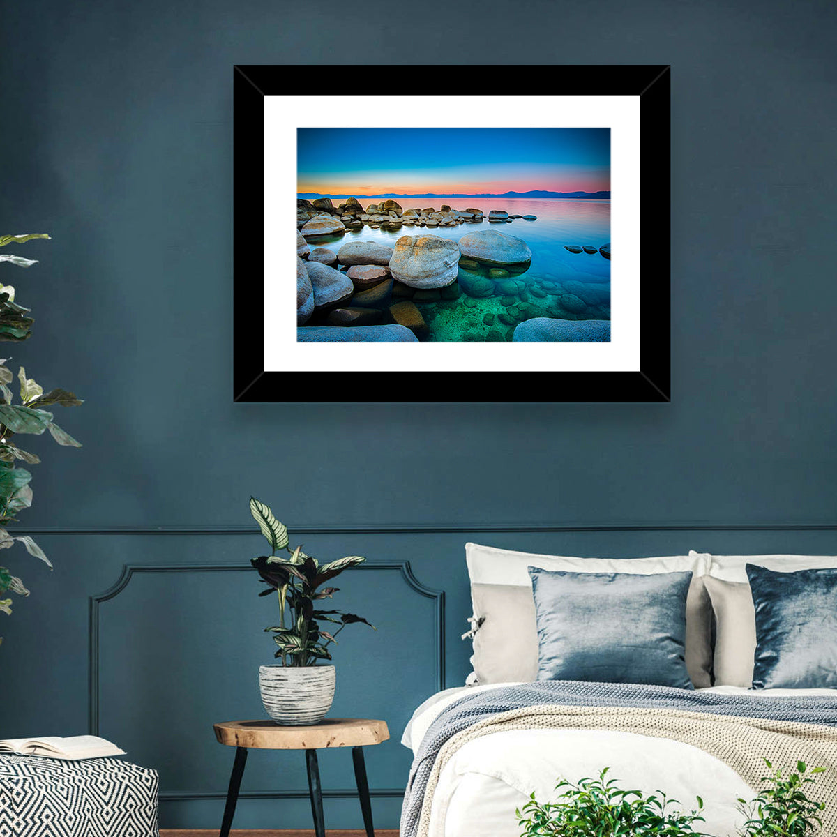 Lake Tahoe Sunset Boulders Wall Art in a room, landscape