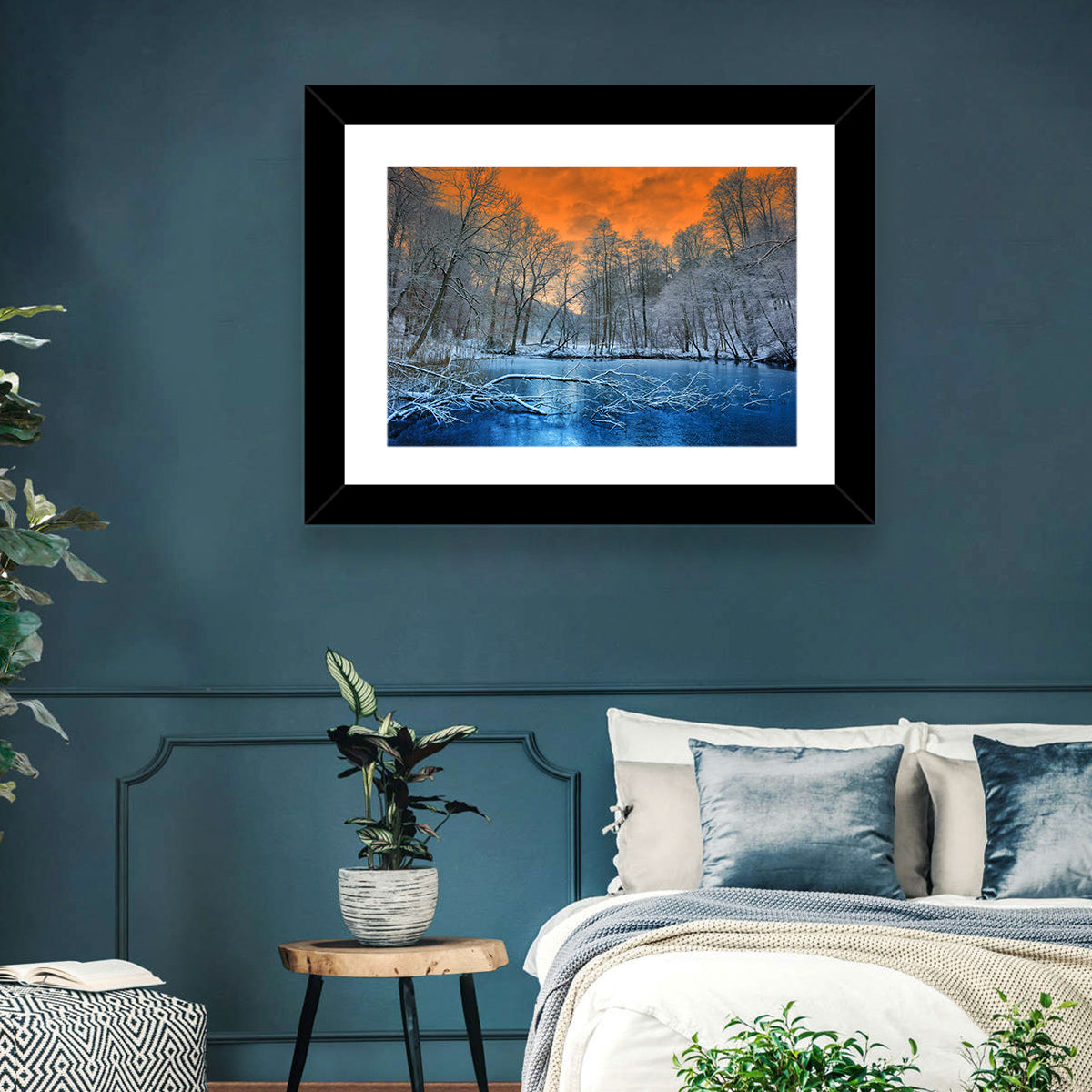 Sunset Over Winter Forest Lake Wall Art