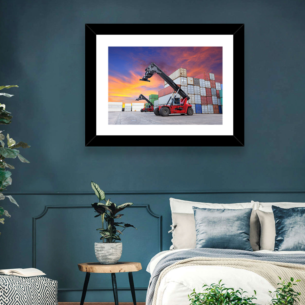 Red Reach Stackers at Sunset Wall Art in a room, landscape