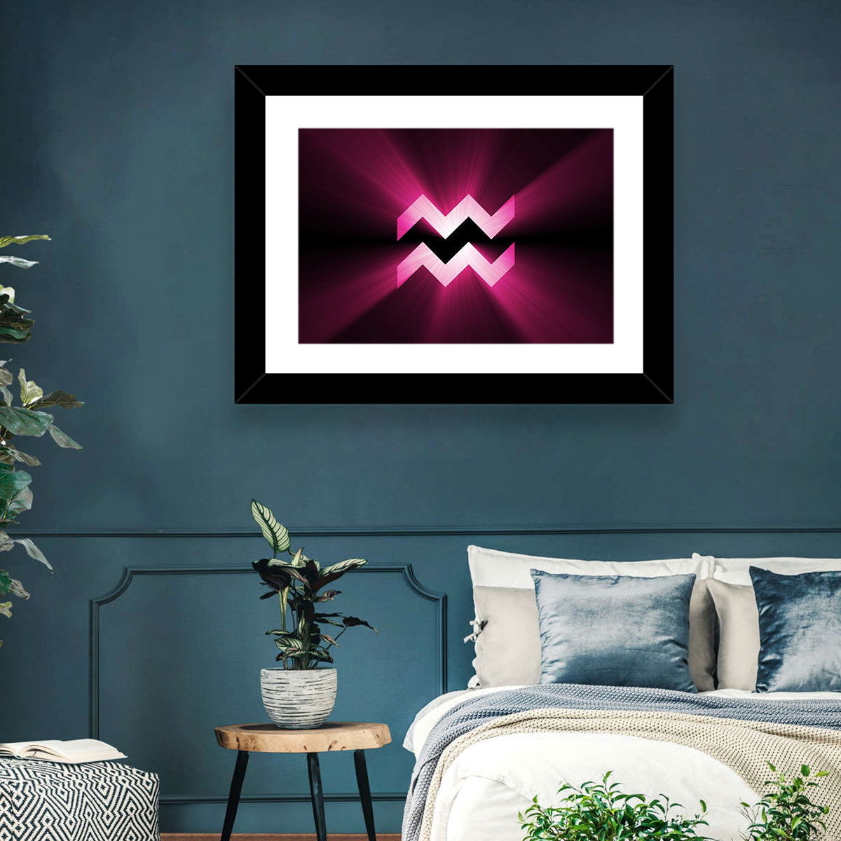 Magenta Aquarius Symbol Wall Art in a room, landscape