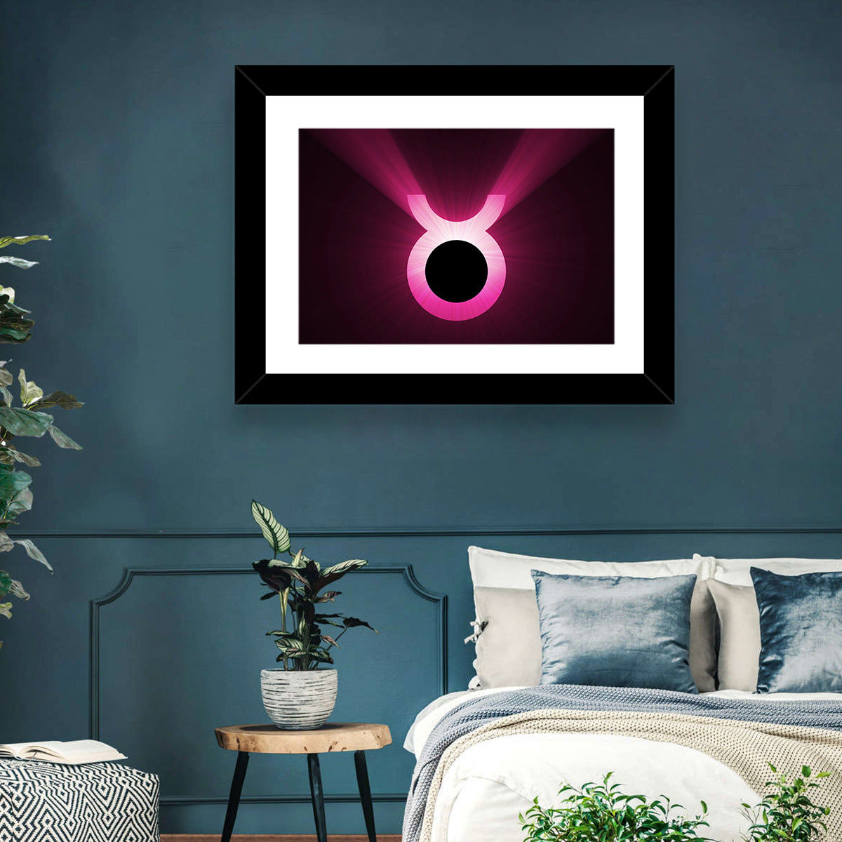 Glowing Pink Taurus Symbol Wall Art in a room, landscape